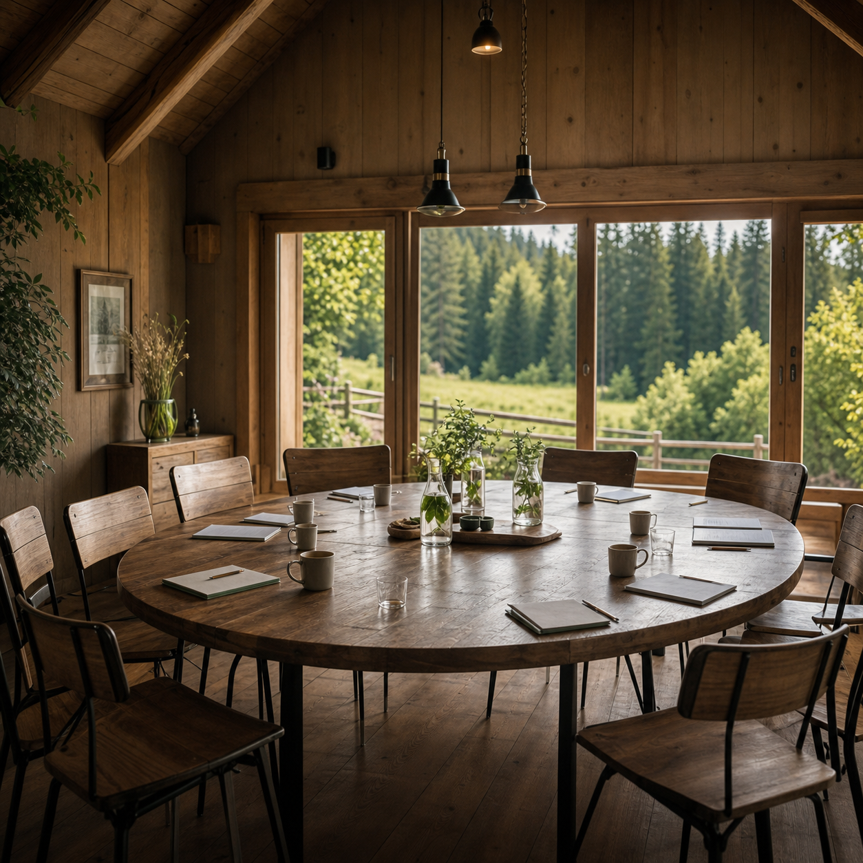 Runder Meetingtisch in einem warmen Holzraum mit Blick in den Wald