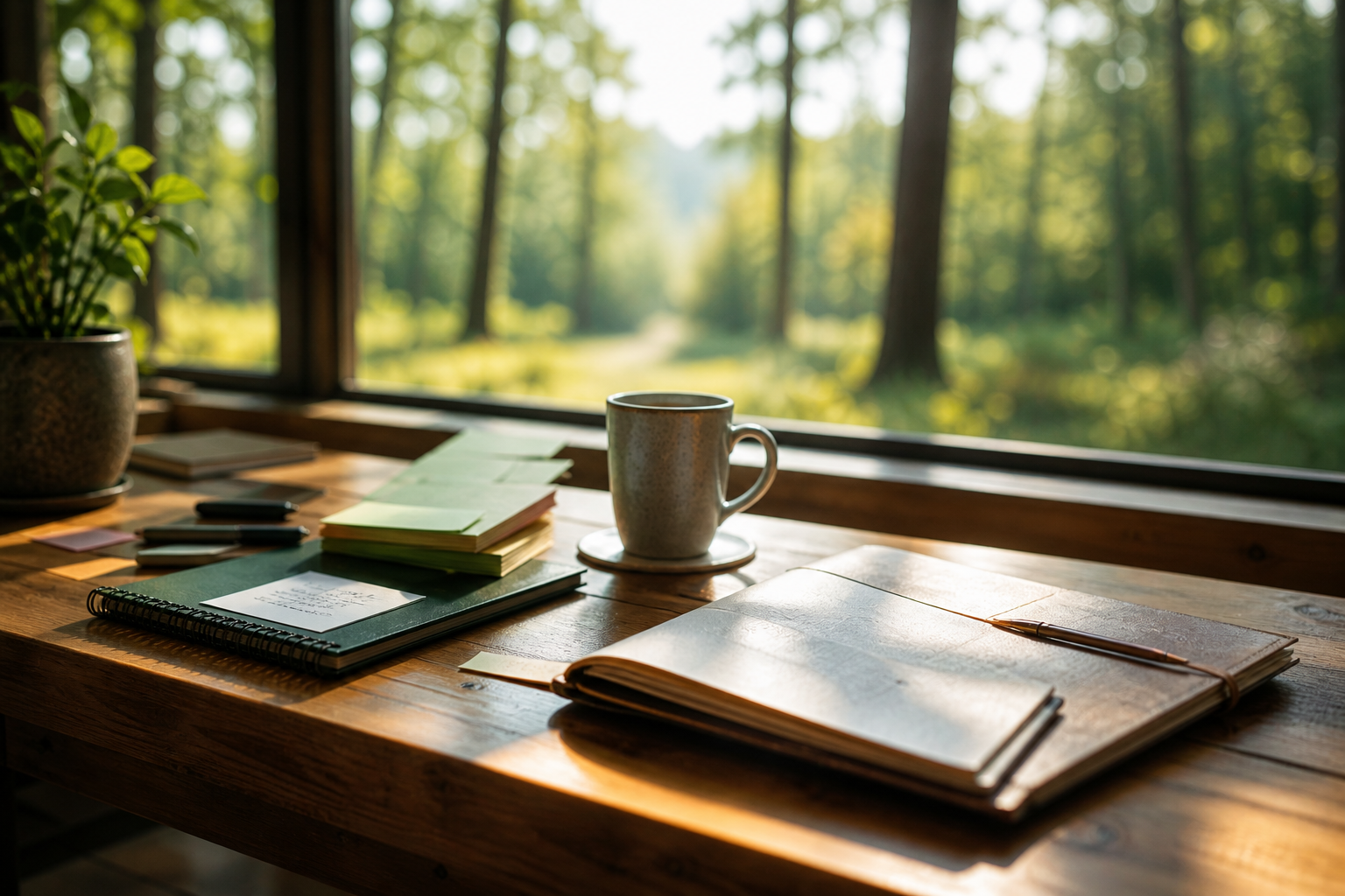 Tisch mit Kaffee, Notizen und ruhiger Arbeitsatmosphäre