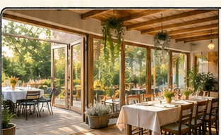 Heller Festsaal mit Terrasse und Blick ins Grüne