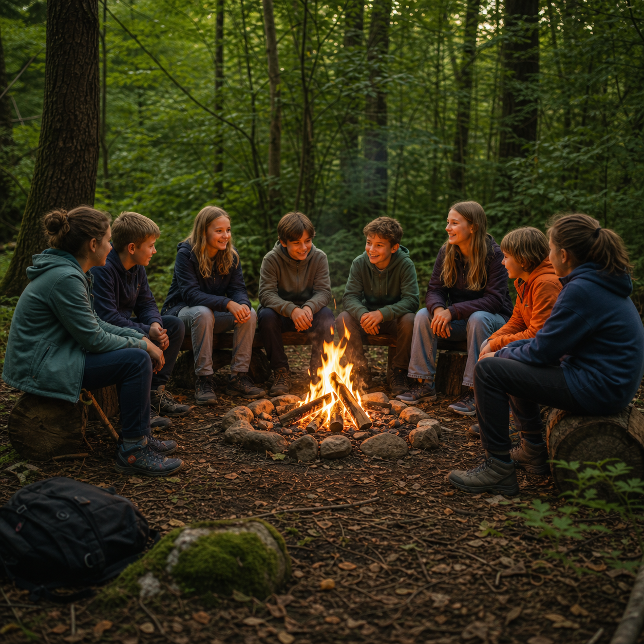 Schülerinnen und Schüler am Lagerfeuer im Wald