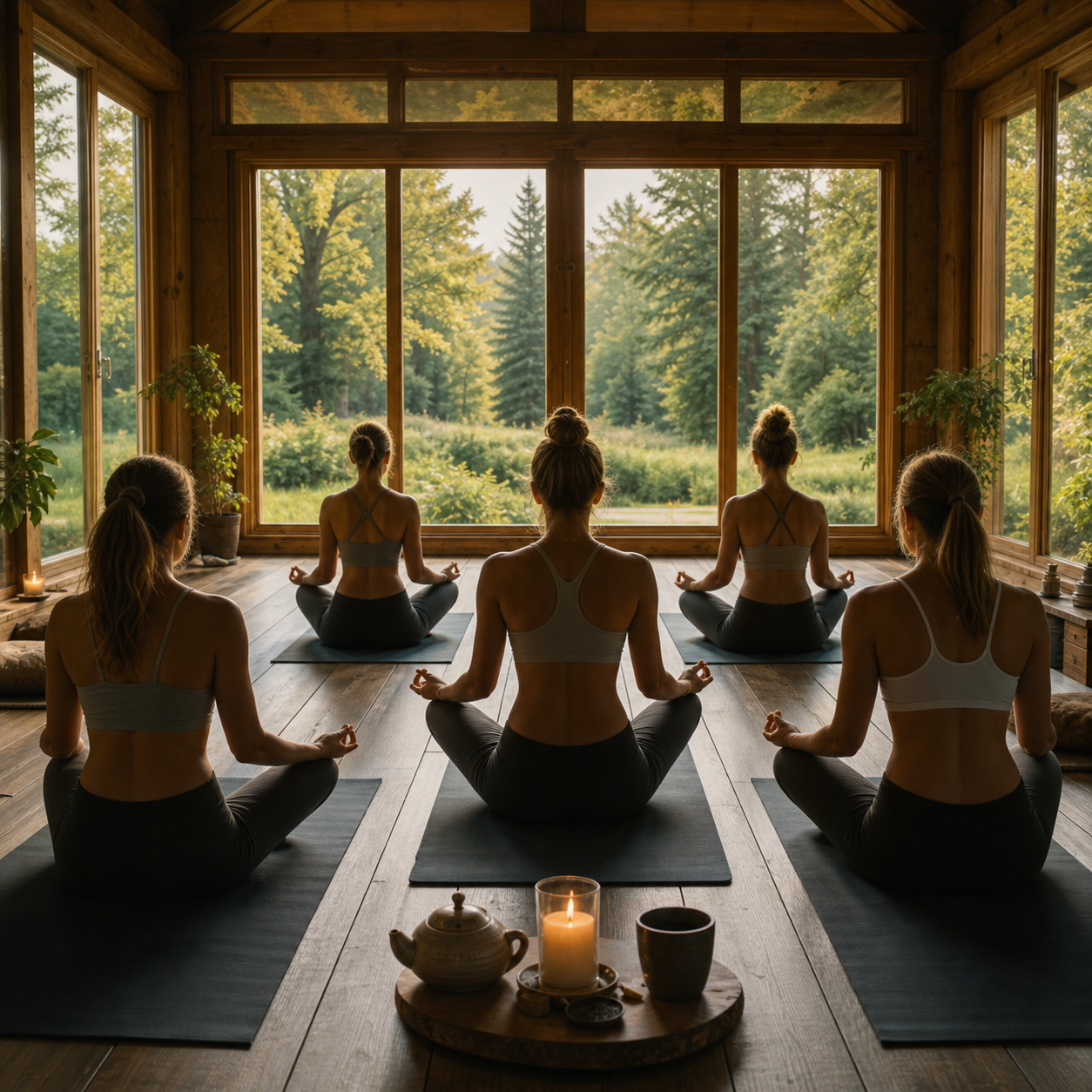 Yoga-Gruppe in einem warmen Holzraum mit Blick in den Wald