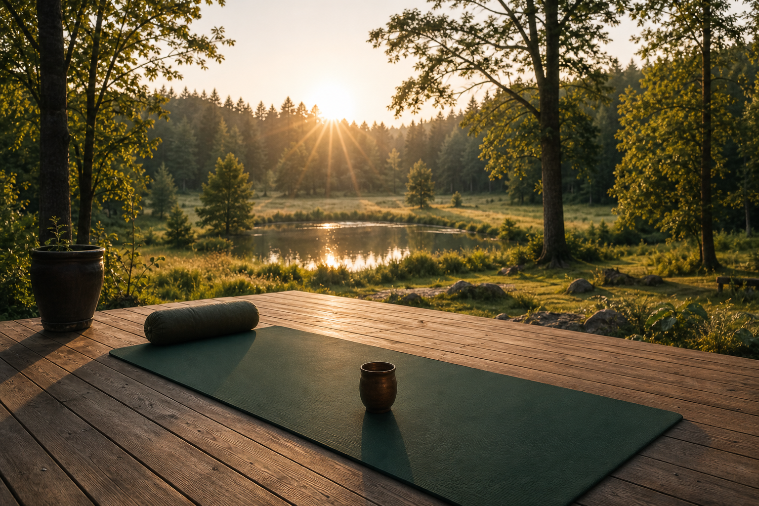 Yoga-Matte auf einer Holzterrasse am Waldsee